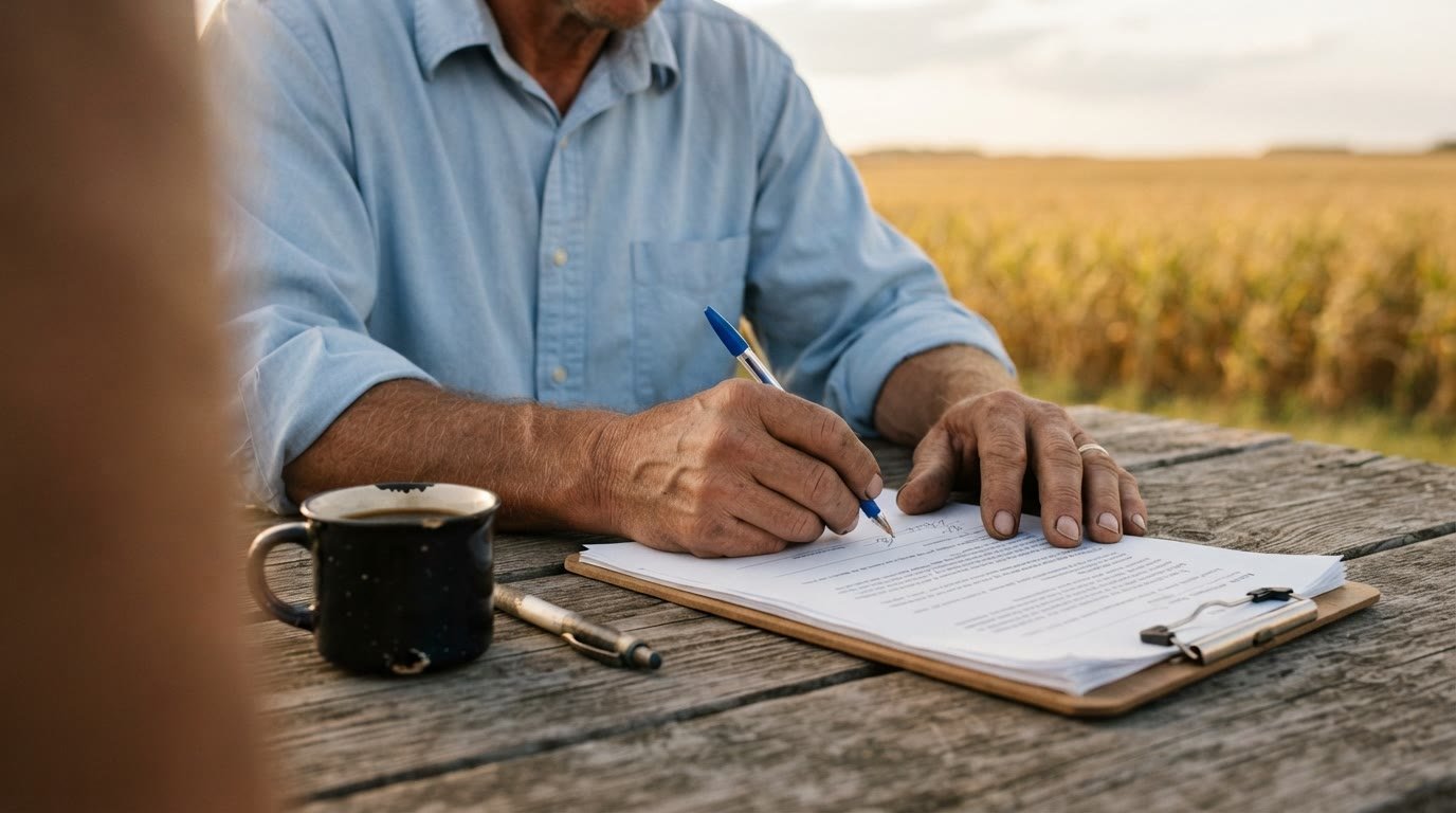 Produtor rural assinando contrato em mesa de madeira, com a lavoura ao fundo